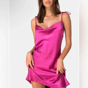 Motel Rocks Camara‎ Dress in Magenta Pink Satin Silky Tie Shoulder Mini Dress